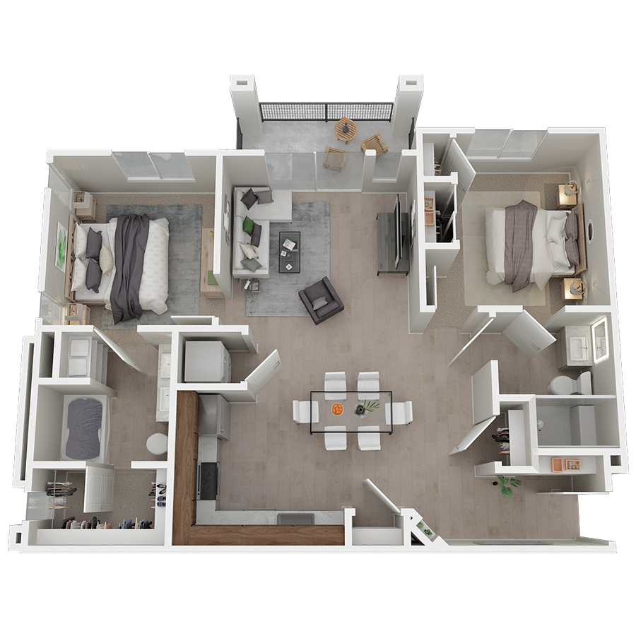 Rendering of the Indigo floor plan with 2 bedroom[s] and 2 bathroom[s] at Azure