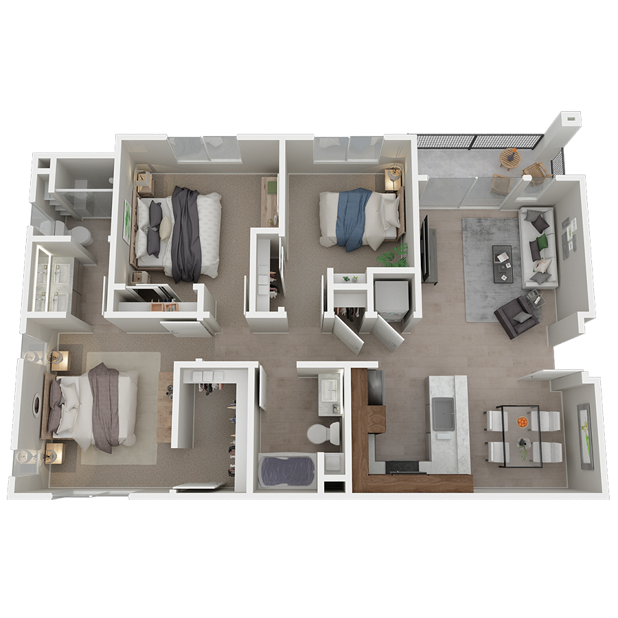 Rendering of the Oxford floor plan with 3 bedroom[s] and 2 bathroom[s] at Azure