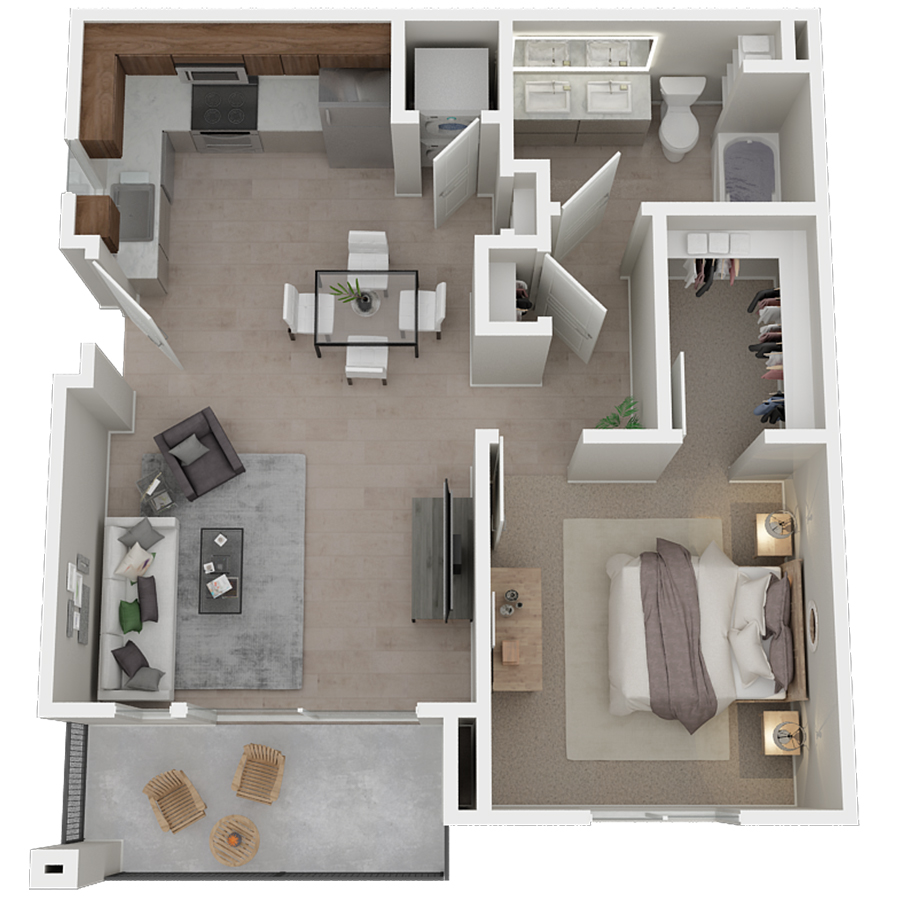 Rendering of the Cobalt floor plan with 1 bedroom[s] and 1 bathroom[s] at Azure