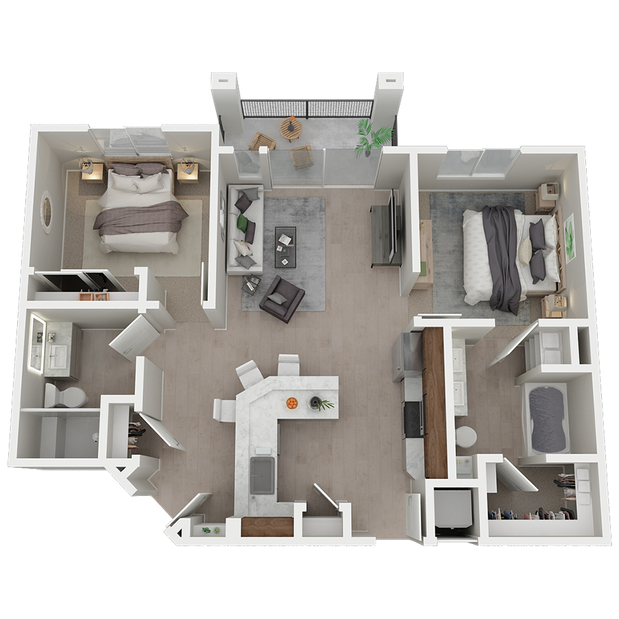 Rendering of the Sapphire floor plan with 2 bedroom[s] and 2 bathroom[s] at Azure